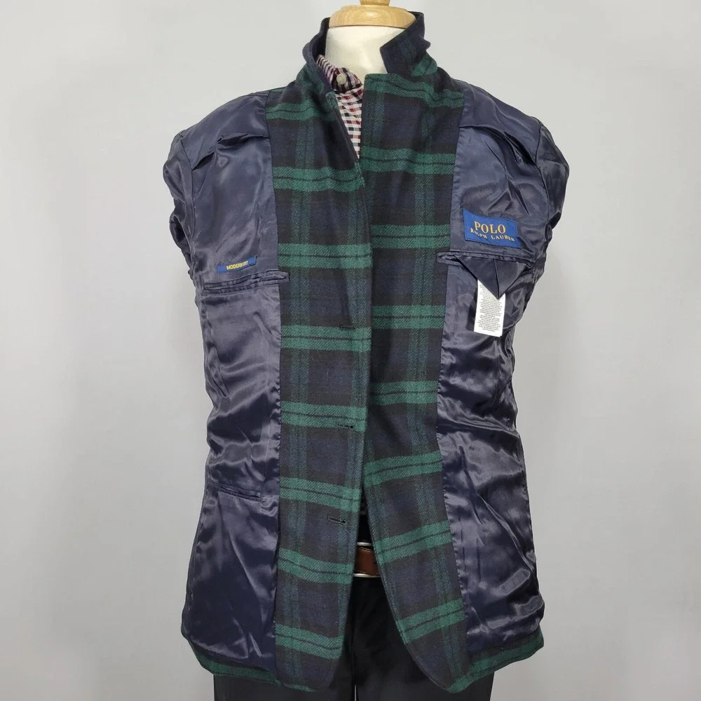 Polo Ralph Lauren Men's Sport Coat Two Button Flannel Tartan Navy Green Size 42R